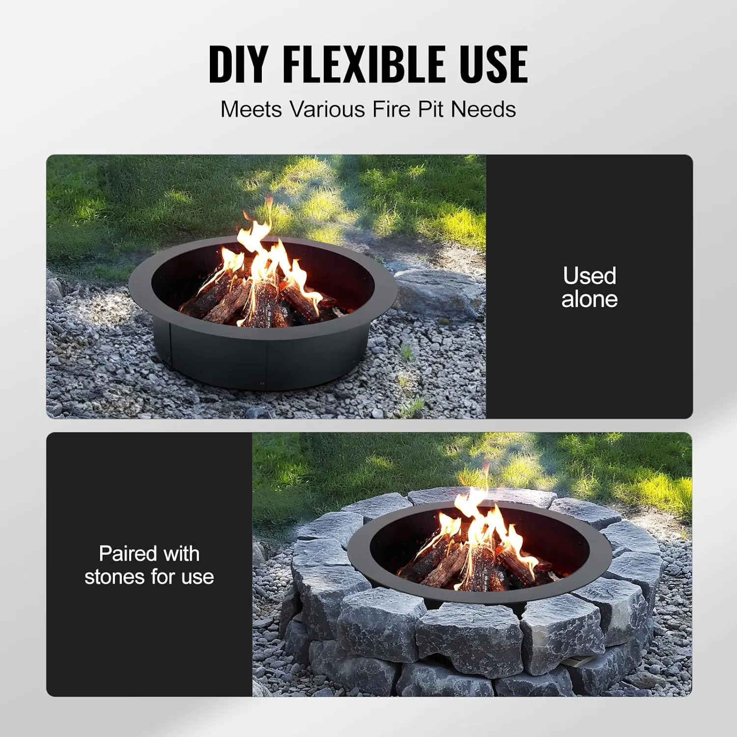 VEVOR Fire Pit Ring, 36-Inch Outer/30-Inch Inner Diameter, 10inch Height 2.5mm Thick Fire Pit Insert, Heavy Duty Carbon Steel Liner DIY Campfire Ring Above or In-Ground, for Outdoor Camping, Bonfires