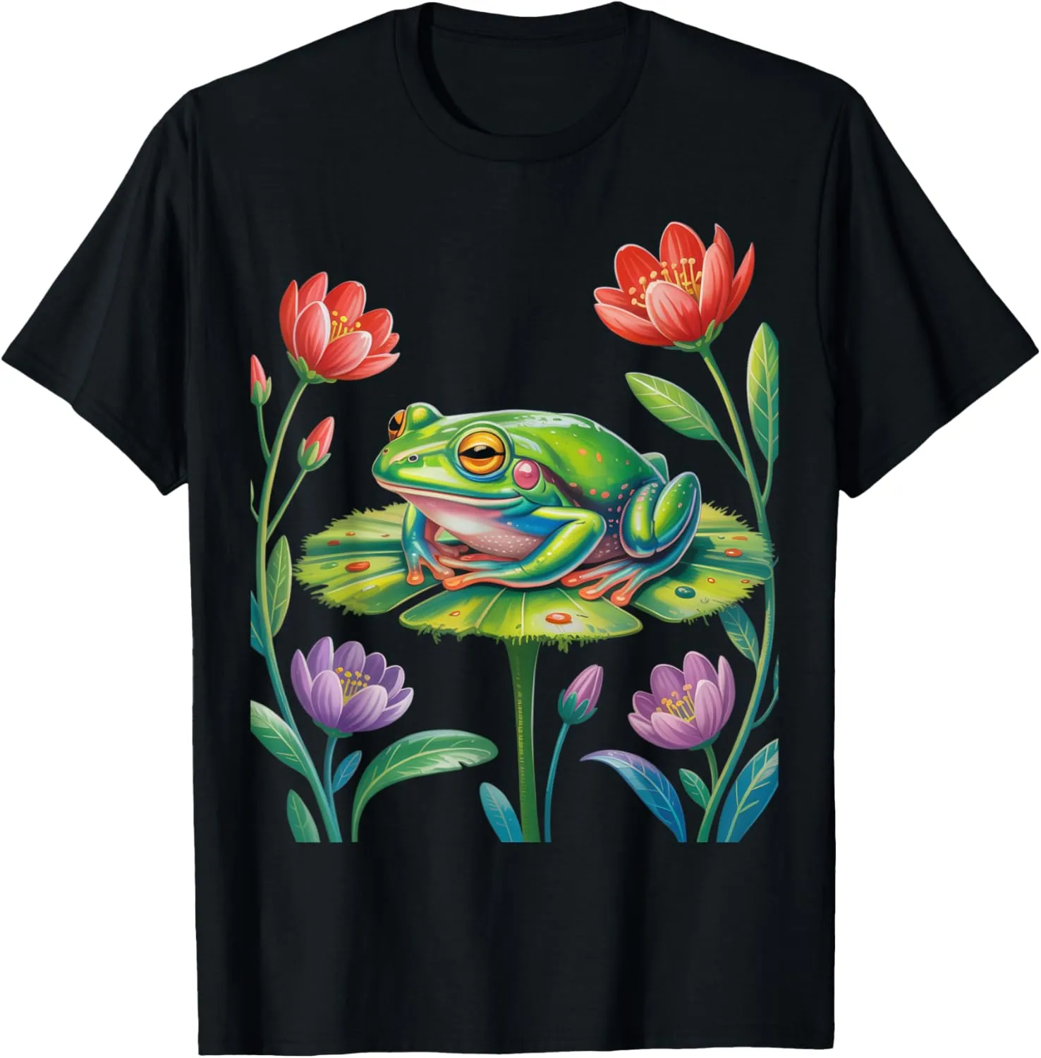 Vibrant Frog Sitting on Lily Pad with Lily Pad Blooms T-Shirt