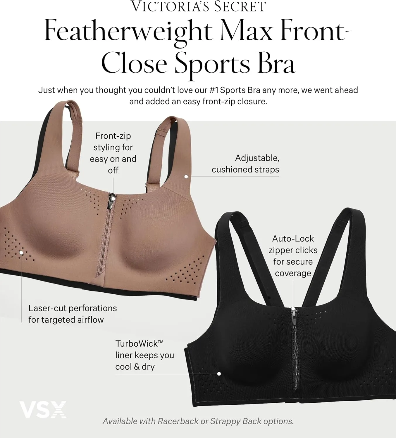 Victoria's Secret Women's VSX Featherweight Max Front Close Sports Bra, High Impact (32A-38DD)