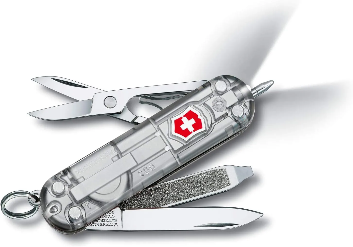 Victorinox Signature Lite Swiss Army Knife, Compact, 7 Functions, Swiss Made Pocket Knife with Pressurized Ballpoint Pen, LED and Key Ring - Silver Tech