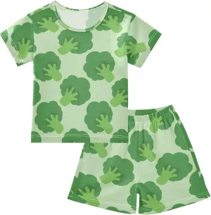 VIGTRO Pajamas Set Short Sleeve Summer Sleepwear Short Sets Broccoli Cabbage Pattern Printed, Soft 2 Piece Short Pjs Set Size 10Y