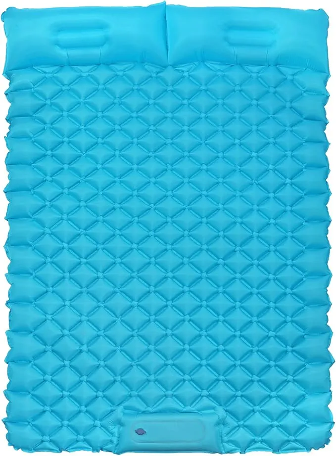 VINTEAM Double Sleeping Pad with Pillow Hand or Foot Self Inflating Camping Mat Durable 40D Nylon Camping Air Mattress Ultralight 2 Person Camping Sleeping Pad or Tent Hiking Camp Travel (Blue)