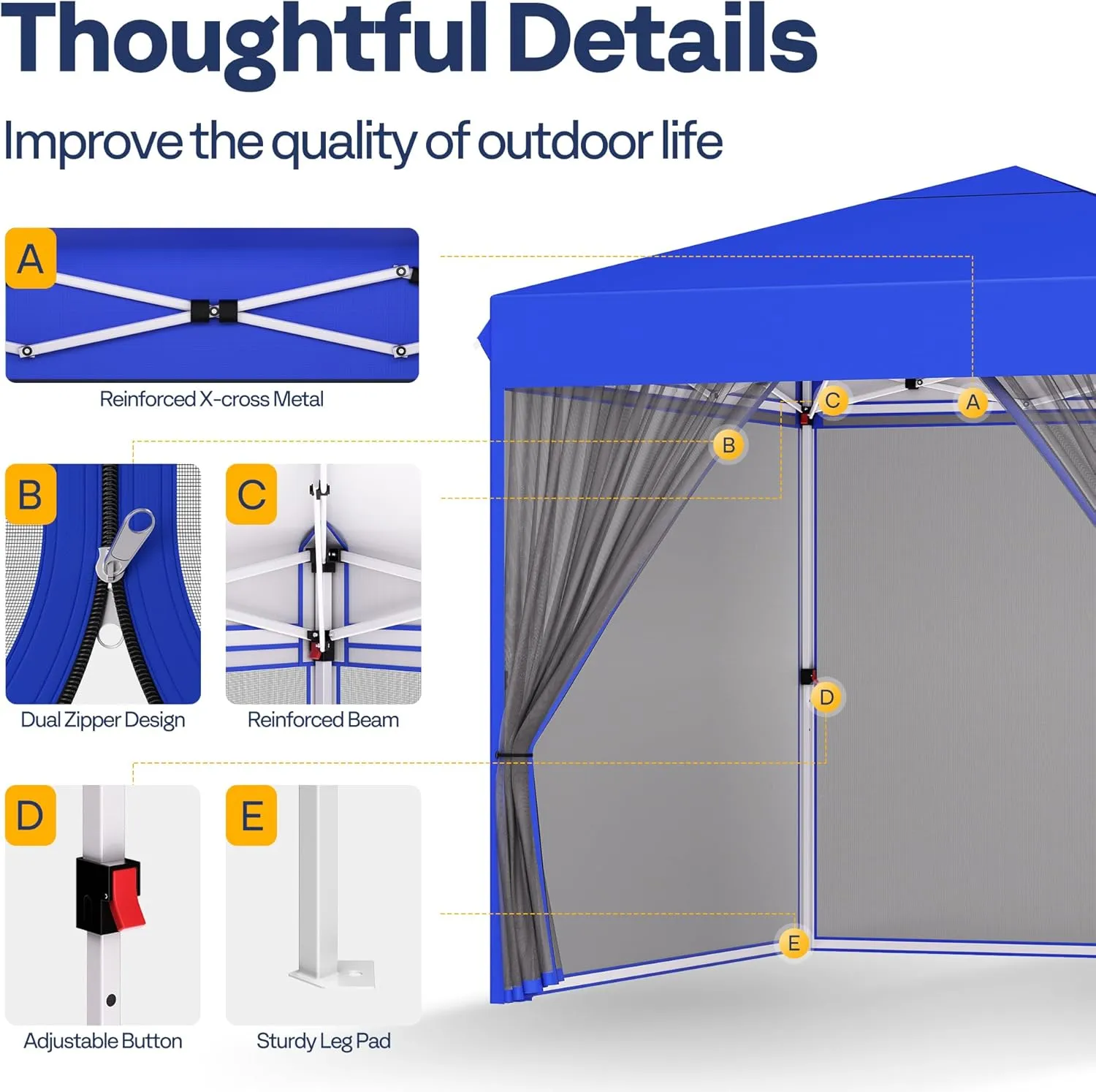 VIVOHOME 8x8ft Easy Pop-Up Canopy, Outdoor Screen Tent with Mosquito Netting, 2 Zipper Doors, and Roller Bag for Yard Camping Picnic Party Events, Blue