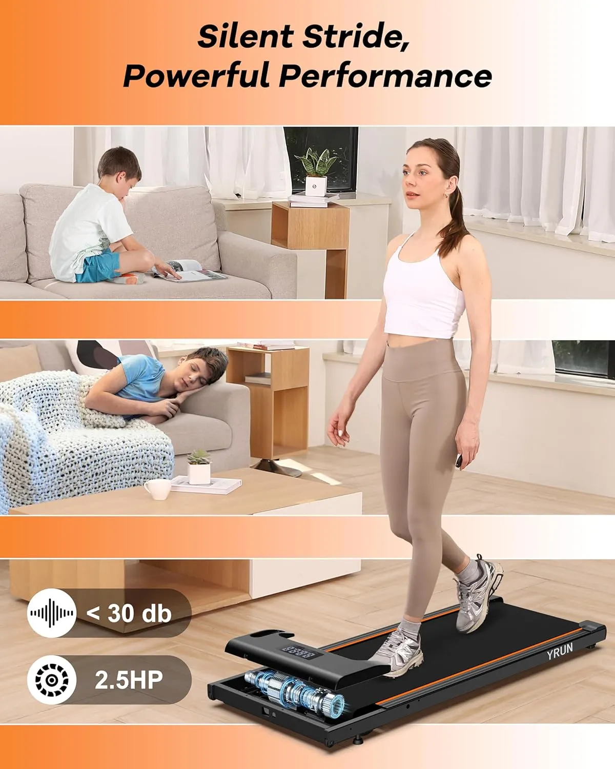 Walking Pad Under Desk Treadmill, 2.5HP Quiet Brushless Small Treadmill for Home and Office, Compact Portable Walking pad with Remote & App Control for Walking and Jogging