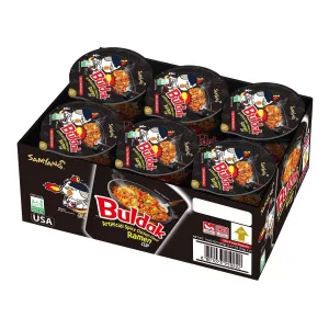 W&E Mart Ramen, Buldak Hot Spicy Chicken Ramen Noodle, Korean Stir-Fried, Original Flavor, Pack of 6 cups