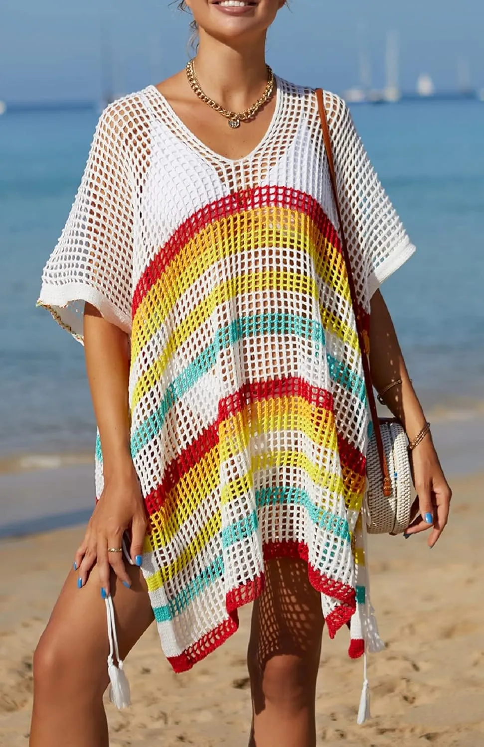Wander Agio Wonens Beach Club Perspective Casual Cover Bikini Cover-up Net Knit Coverups Large Hole Mesh