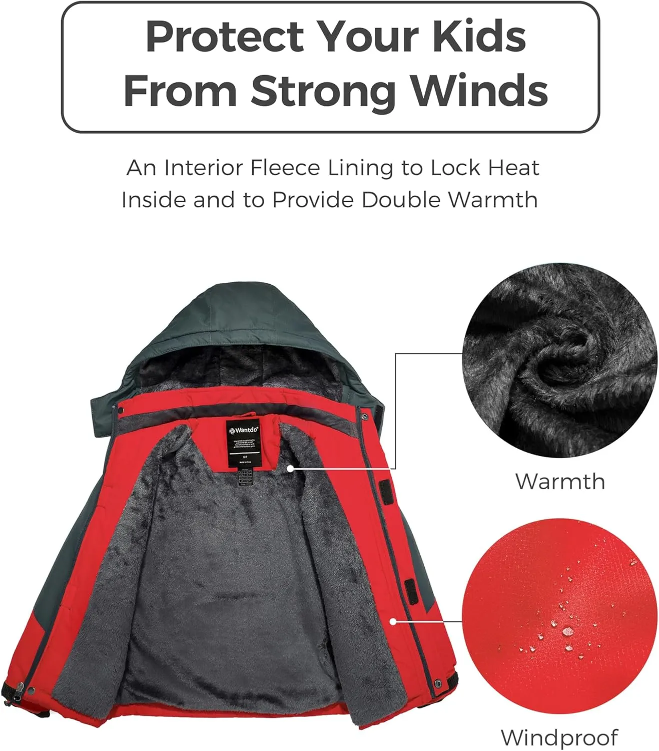 Wantdo Boy's Waterproof Ski Jacket Fleece Snowboarding Jackets Warm Thick Winter Coat Hooded Raincoats