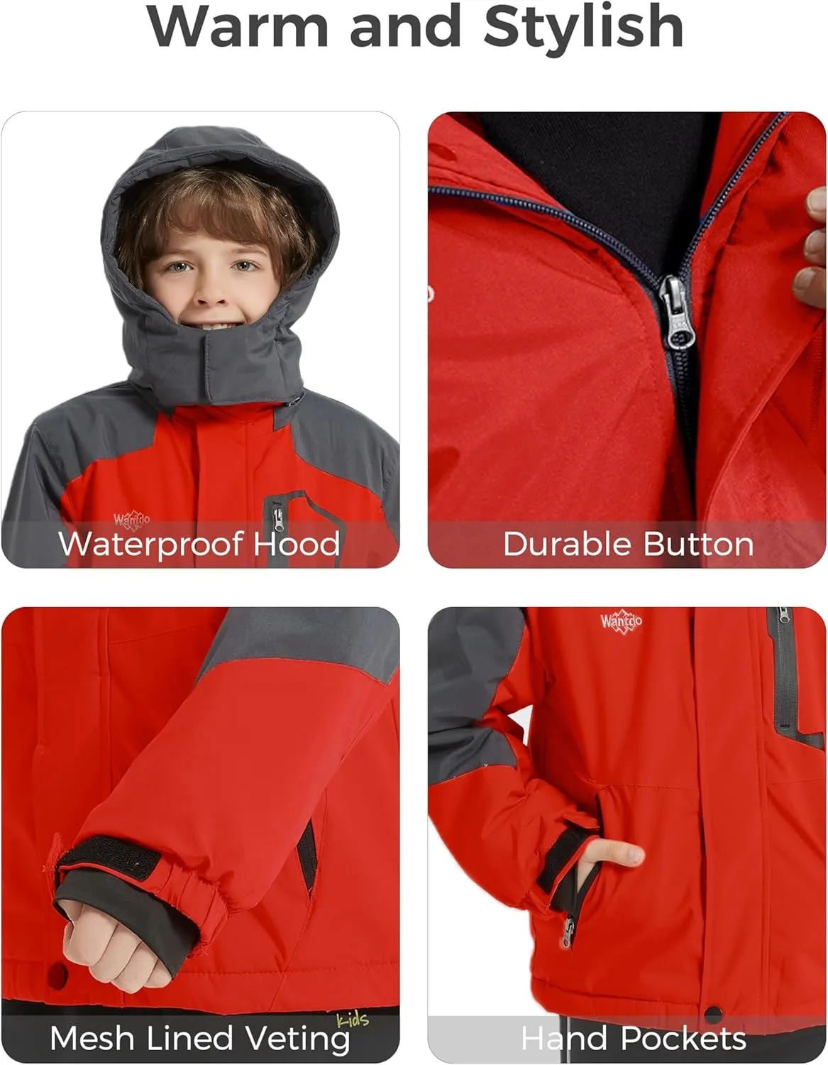Wantdo Boy's Waterproof Ski Jacket Fleece Snowboarding Jackets Warm Thick Winter Coat Hooded Raincoats