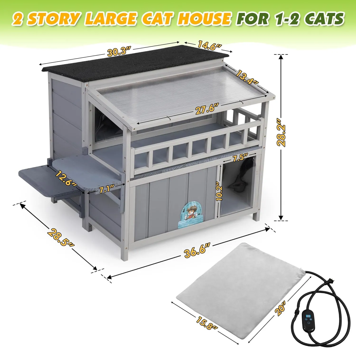 Warm Cat Shelter with Heated Pet Pad Bed, Outdoor Heating Pad Insulated Cat House, Balcony, Timing and Temp Adjustable, Feral Cat Hutch for Winter, Weatherproof