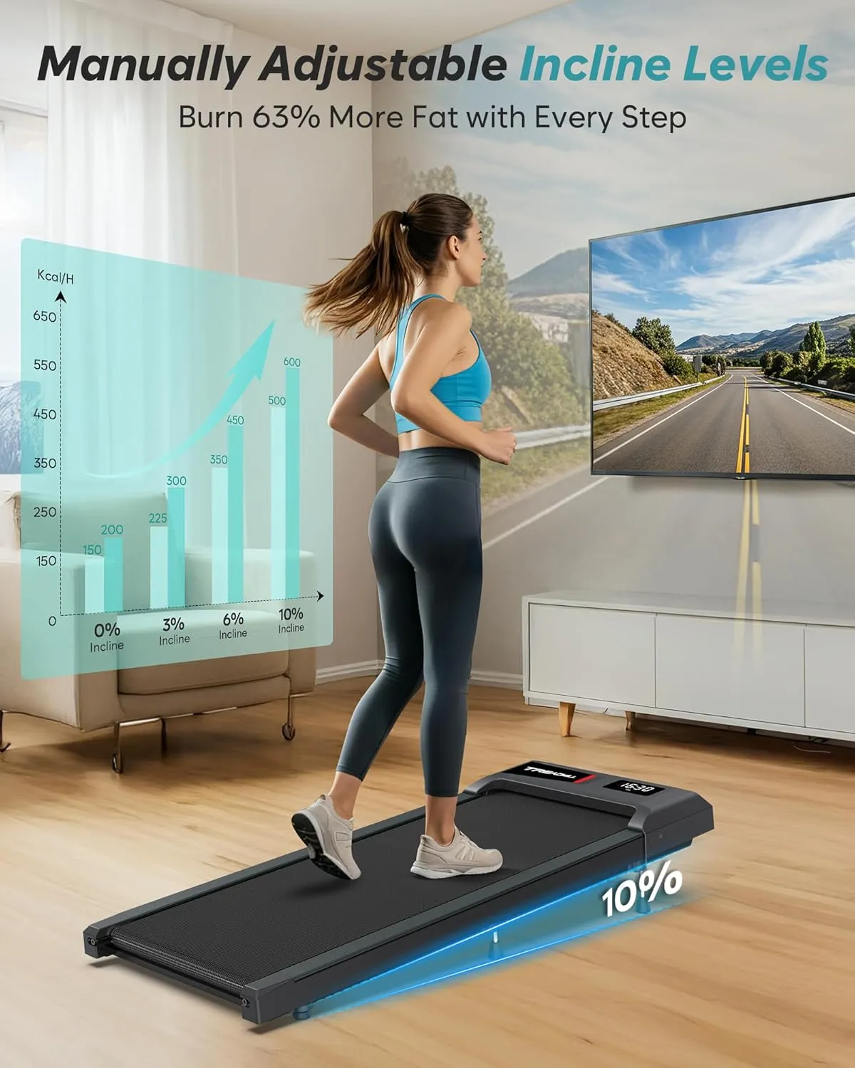 WELLFIT Walking Pad with 10% Incline, Under Desk Treadmills with Voice Control Mute Remote,Lightweight Portable Treadmill for Home Small Office, 2.5HP Quiet Walking Pads Work with KINOMAP Apple Health