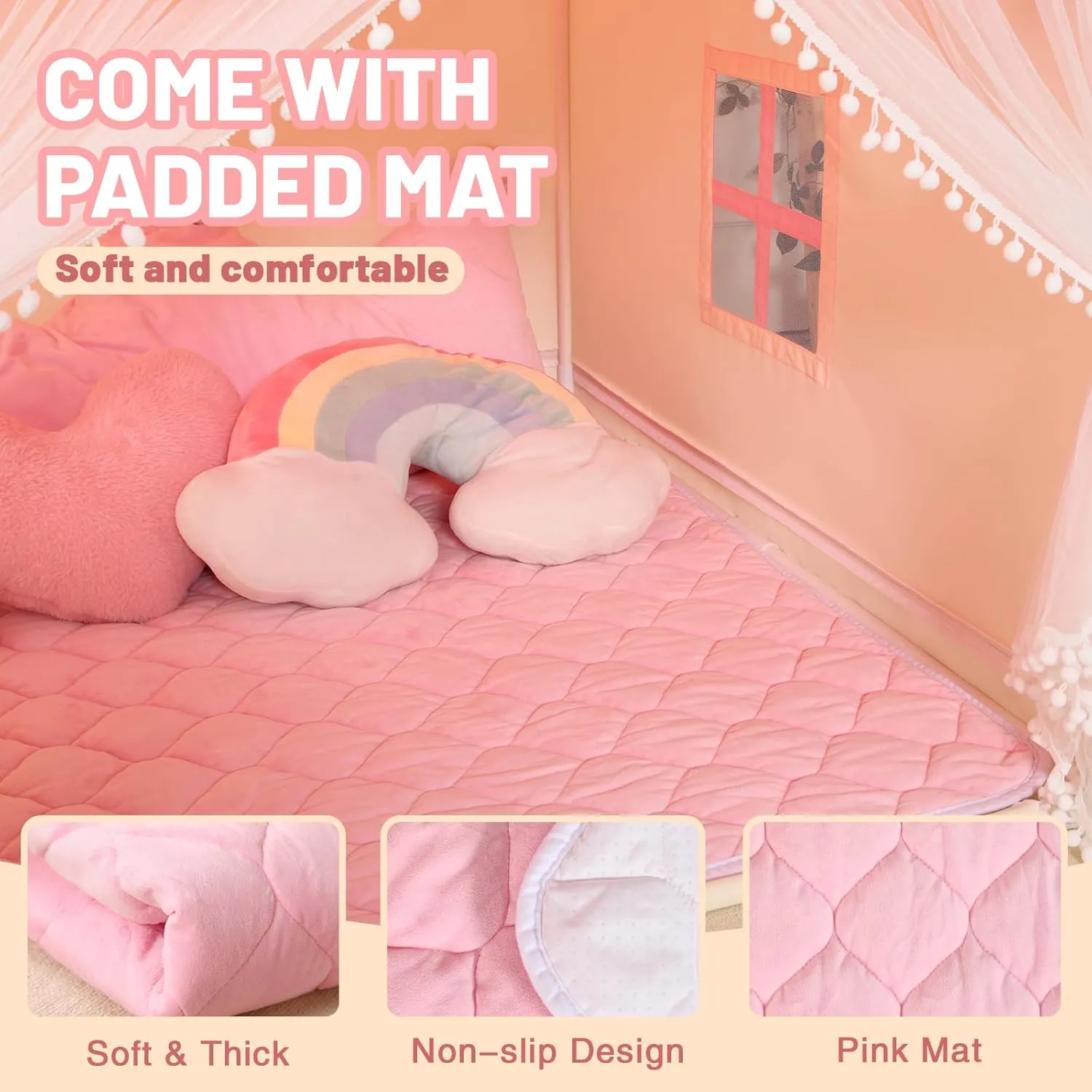 Wilwolfer Kid Tent with Mat, Star Lights - Kids Play Tents for Toddlers Kids Tents Indoor Playhouse - Princess Tent for Girls Toy House Gift (Pink with Mesh)