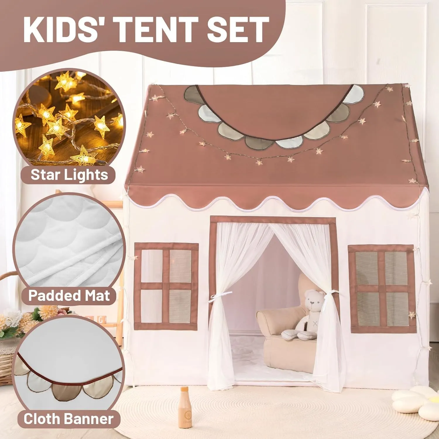 Wilwolfer Play Tent for Kids Indoor - Kids Play Tent Indoor Toddlers Play House Large Toddler Toy House Birthday Gift for Boys & Girls Playroom Decor (Brown Playhouse)