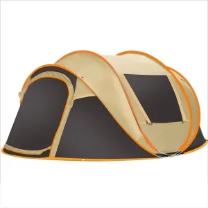 Windproof Family Tent for 5-8 People, Portable Waterproof Camping Tent with Mesh Windows, Instant Setup for All Seasons - Brown