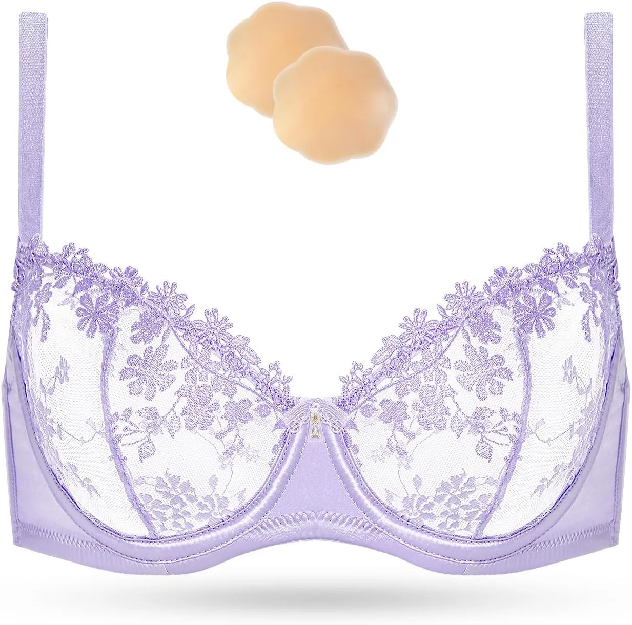 Wingslove Women's Sexy Lace Bra Demi Sheer Mesh Balconette See Through Bralette Unlined Underwire Embroidered