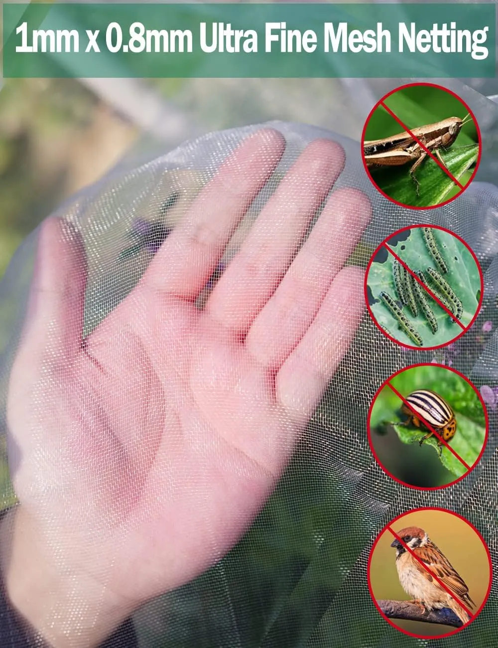Wohohoho Garden Insect Mesh Netting 10ft x 32ft (3m x 10m), 1mm Ultra Fine Plant Covers for Garden Protection. Mosquito Net Pest Barrier for Vegetables Fruits Greenhouse Row Cover Raised Bed Barrier