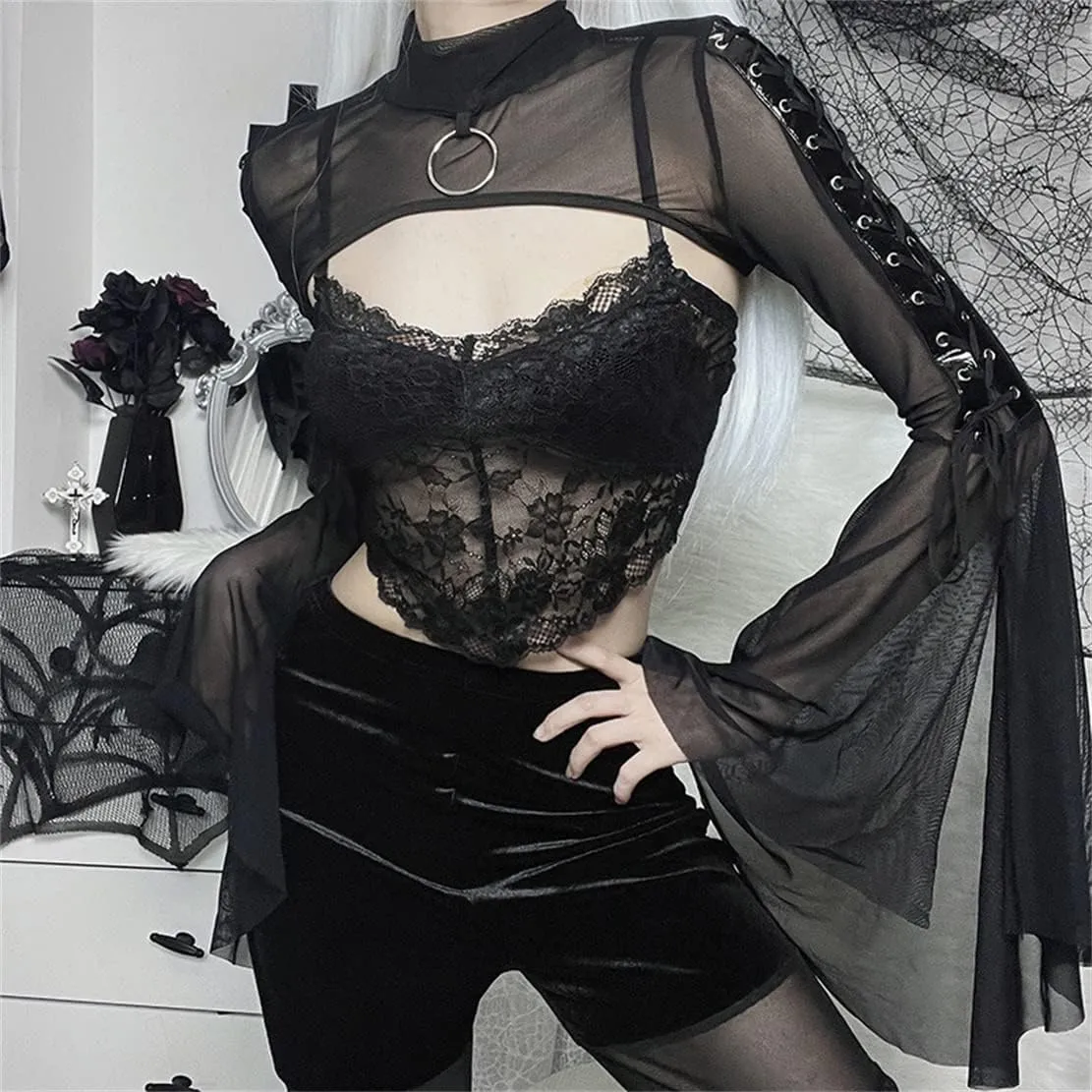 Women Goth Tops Punk Cover Ups Mesh Crop Top See Through Sexy Long Sleeve Blouse Y2k Black Rave Outfit Festival