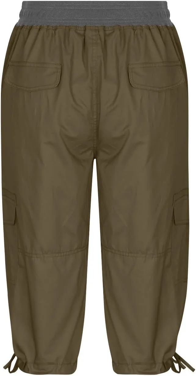 Women Hiking Cargo Capri Drawstring Waist Button Decor Capris Summer Joggers Sports Shorts Trousers with Multi Pocket