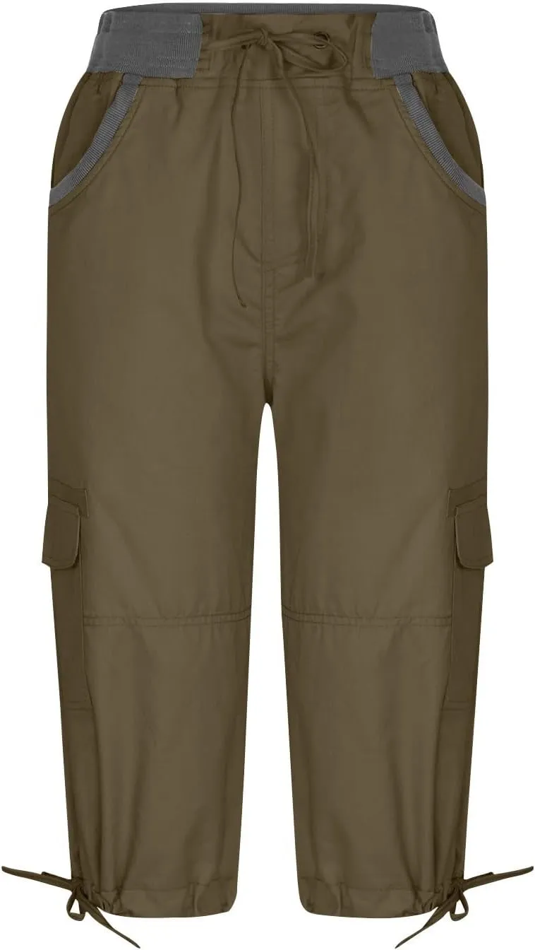 Women Hiking Cargo Capri Drawstring Waist Button Decor Capris Summer Joggers Sports Shorts Trousers with Multi Pocket