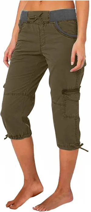 Women Hiking Cargo Capri Drawstring Waist Button Decor Capris Summer Joggers Sports Shorts Trousers with Multi Pocket
