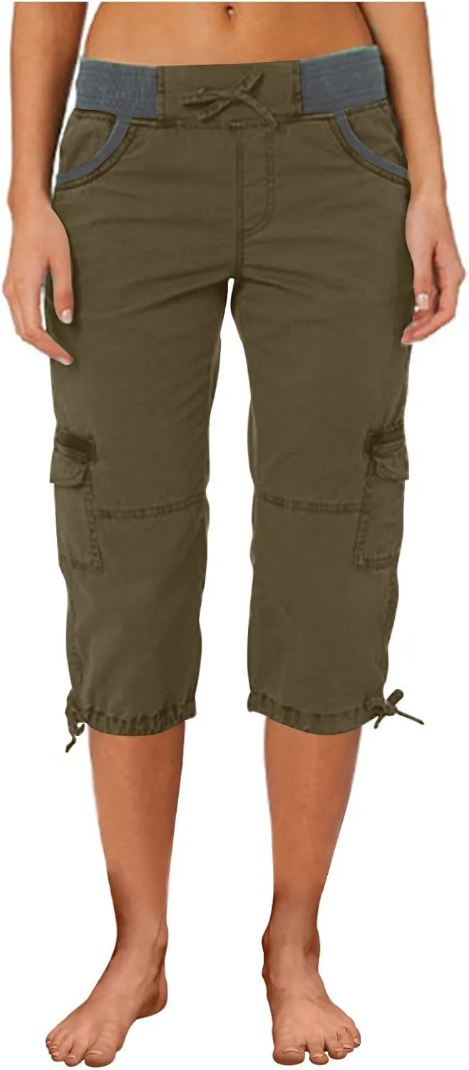 Women Hiking Cargo Capri Drawstring Waist Button Decor Capris Summer Joggers Sports Shorts Trousers with Multi Pocket