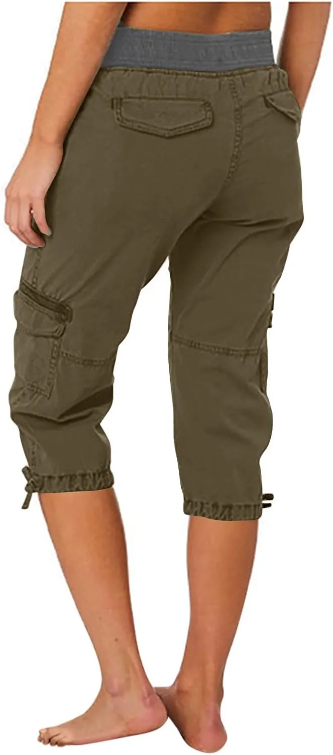 Women Hiking Cargo Capri Drawstring Waist Button Decor Capris Summer Joggers Sports Shorts Trousers with Multi Pocket