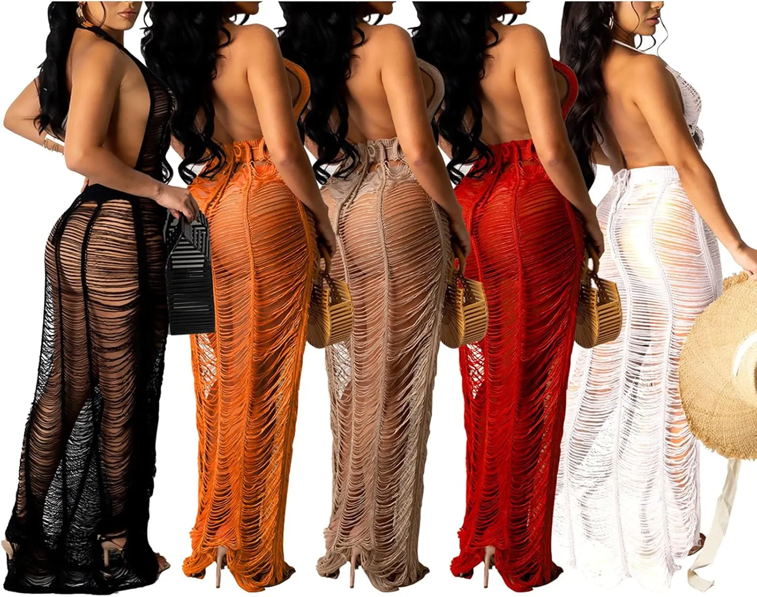 Women Sexy Halter Sleeveless Mesh See Through Crochet Maxi Long Dress Backless Knitted Beach Bikini Swimsuit Cover Ups