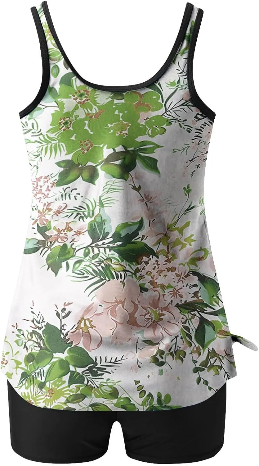 Women Swimsuits Trendy 2025 Flowy Printed Tummy Control Tankini Swimsuit 2 Piece Summer Swim Tank Top with Boyshorts