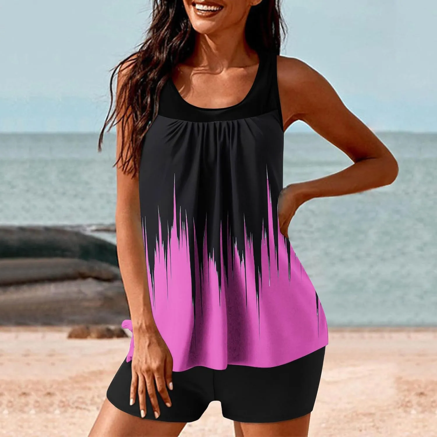 Womens 2025 Tankini Swimsuits Tummy Control Flowy Swimwear Two Piece Colorblock Bathing Suits Tank Top with Boyshort