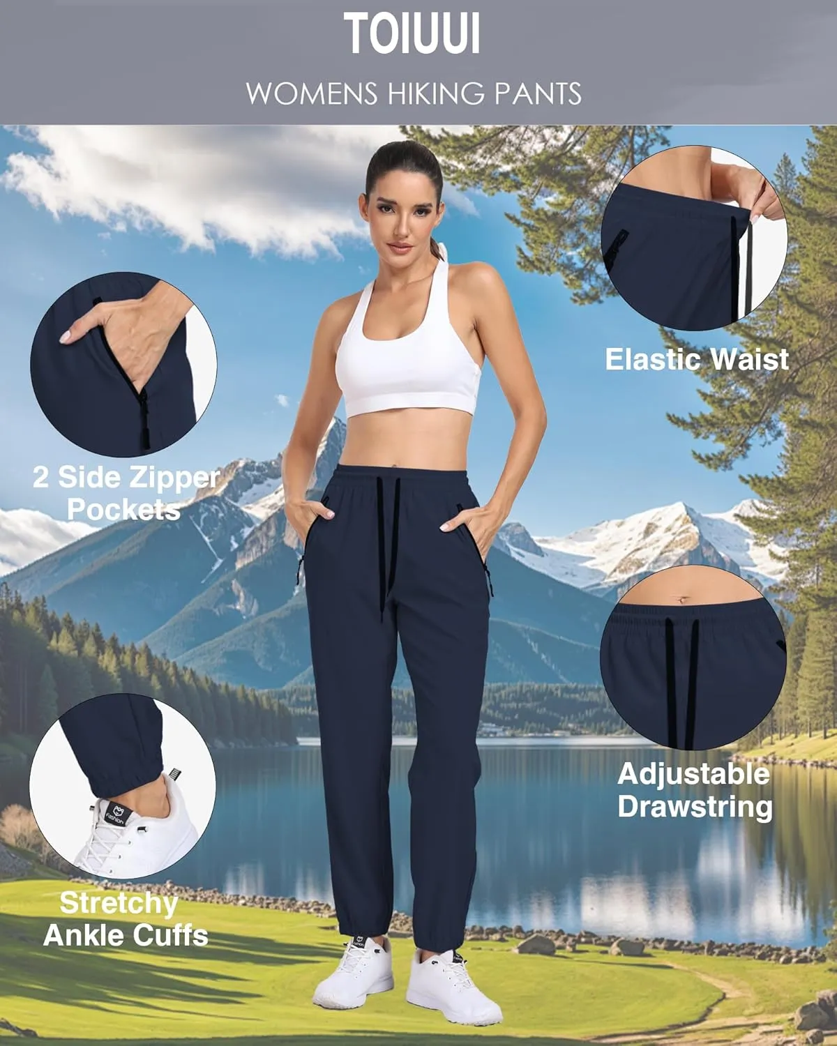 Women's Cargo Hiking Pants Lightweight Water-Resistant UPF 50  Quick Dry Elastic Waist Joggers with Zipper Pockets