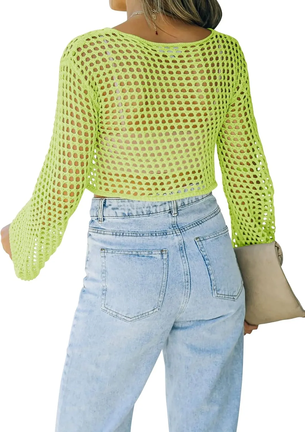 Womens Fishnet Crochet Crop Top Sexy Long Sleeve See Through Hollow Out Mesh Bikini Cover Ups