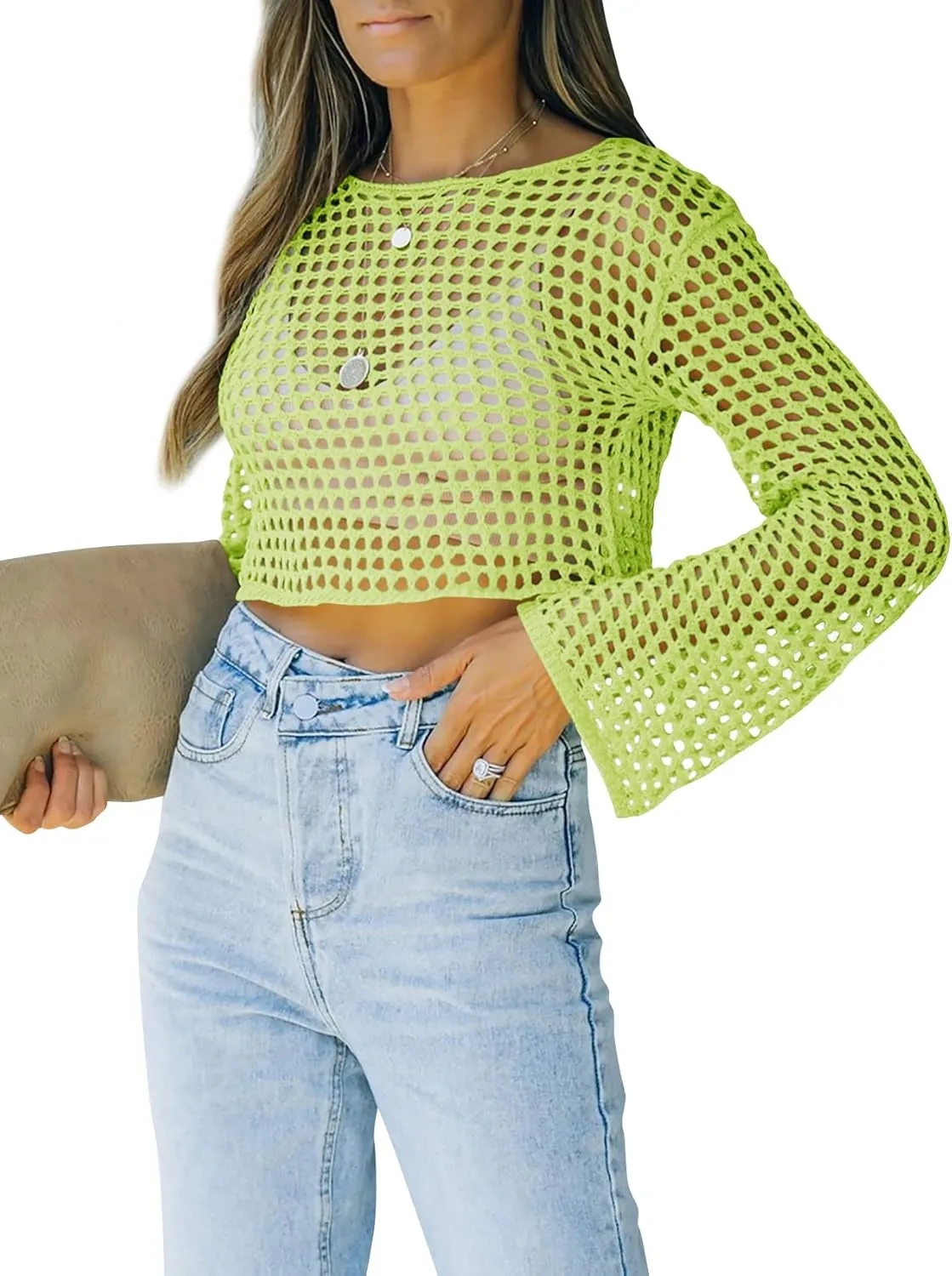 Womens Fishnet Crochet Crop Top Sexy Long Sleeve See Through Hollow Out Mesh Bikini Cover Ups