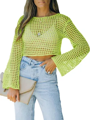 Womens Fishnet Crochet Crop Top Sexy Long Sleeve See Through Hollow Out Mesh Bikini Cover Ups