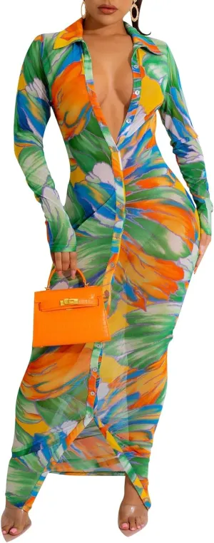Womens Sexy Sheer Mesh Stretchy Printed Maxi Dresses Button Down Swimwear Cover Ups