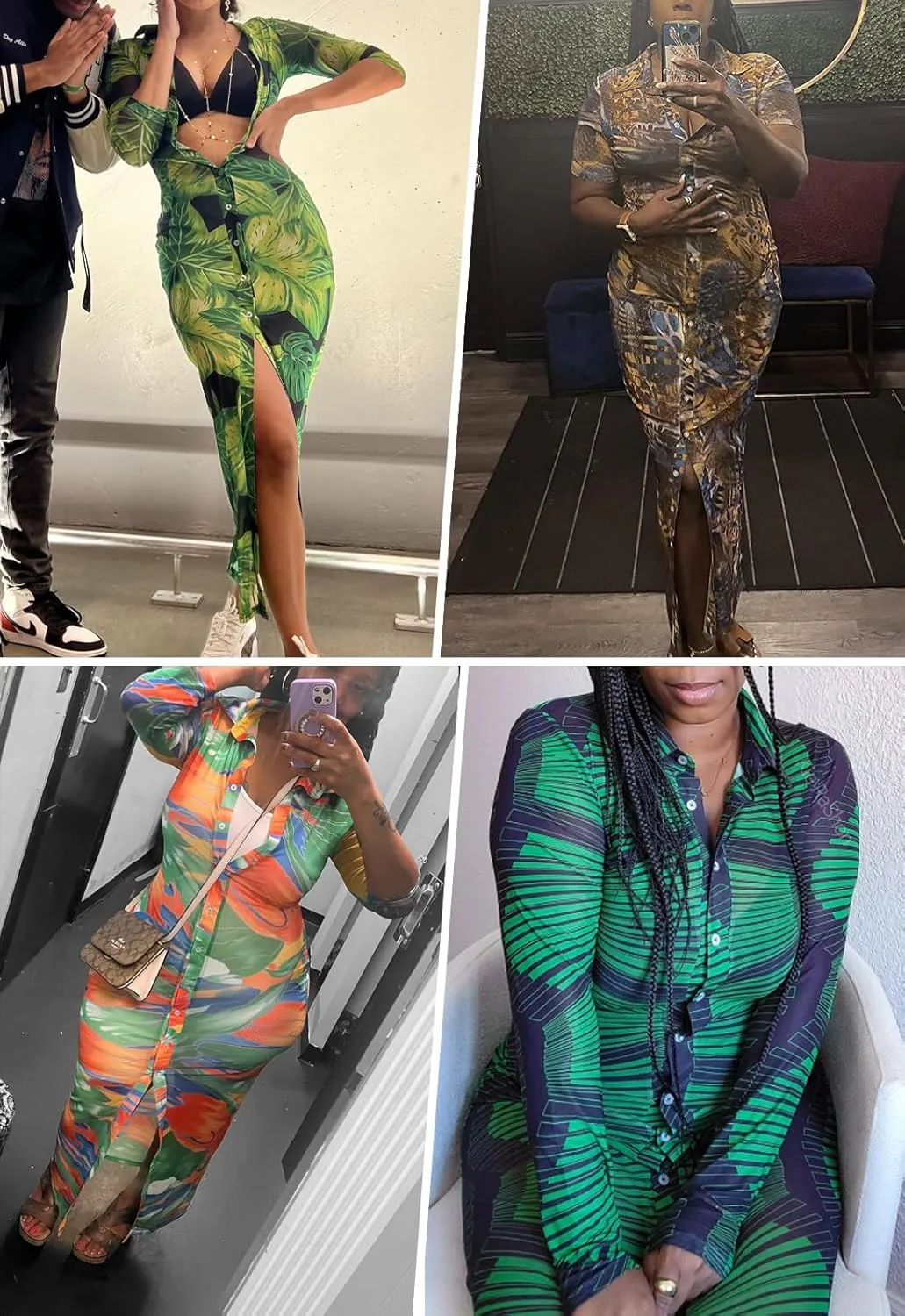 Womens Sexy Sheer Mesh Stretchy Printed Maxi Dresses Button Down Swimwear Cover Ups