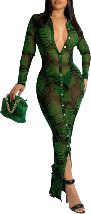 Womens Sexy Sheer Mesh Stretchy Printed Maxi Dresses Button Down Swimwear Cover Ups