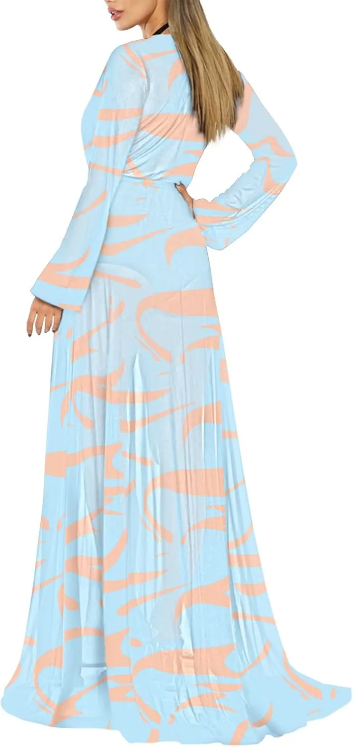 Women's Sexy Thin Mesh Long Sleeve Tie Front Swimsuit Swim Beach Maxi Cover Up Dress