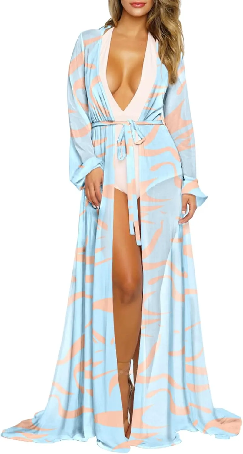 Women's Sexy Thin Mesh Long Sleeve Tie Front Swimsuit Swim Beach Maxi Cover Up Dress