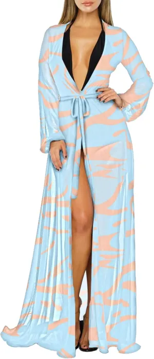 Women's Sexy Thin Mesh Long Sleeve Tie Front Swimsuit Swim Beach Maxi Cover Up Dress