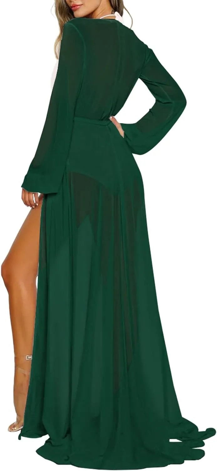 Women's Sexy Thin Mesh Long Sleeve Tie Front Swimsuit Swim Beach Maxi Cover Up Dress