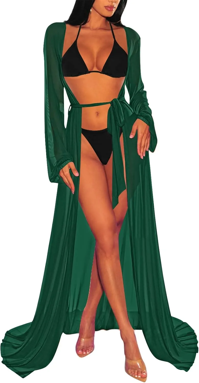 Women's Sexy Thin Mesh Long Sleeve Tie Front Swimsuit Swim Beach Maxi Cover Up Dress