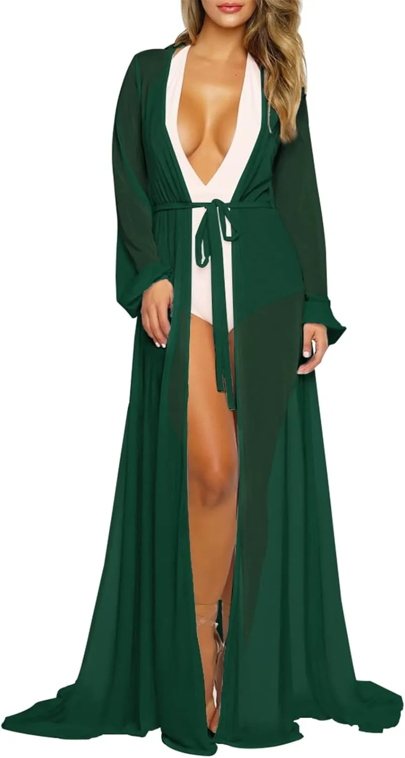 Women's Sexy Thin Mesh Long Sleeve Tie Front Swimsuit Swim Beach Maxi Cover Up Dress