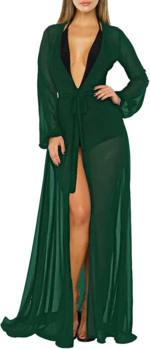 Women's Sexy Thin Mesh Long Sleeve Tie Front Swimsuit Swim Beach Maxi Cover Up Dress