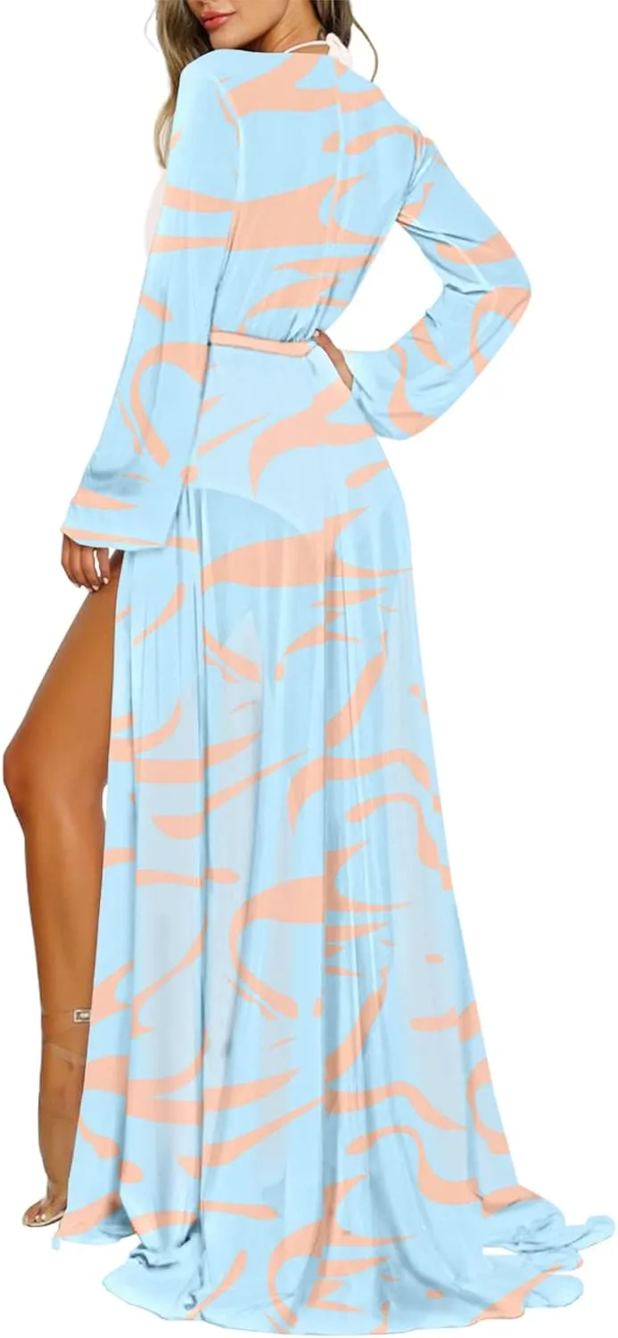 Women's Sexy Thin Mesh Long Sleeve Tie Front Swimsuit Swim Beach Maxi Cover Up Dress