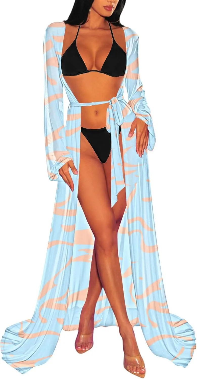 Women's Sexy Thin Mesh Long Sleeve Tie Front Swimsuit Swim Beach Maxi Cover Up Dress