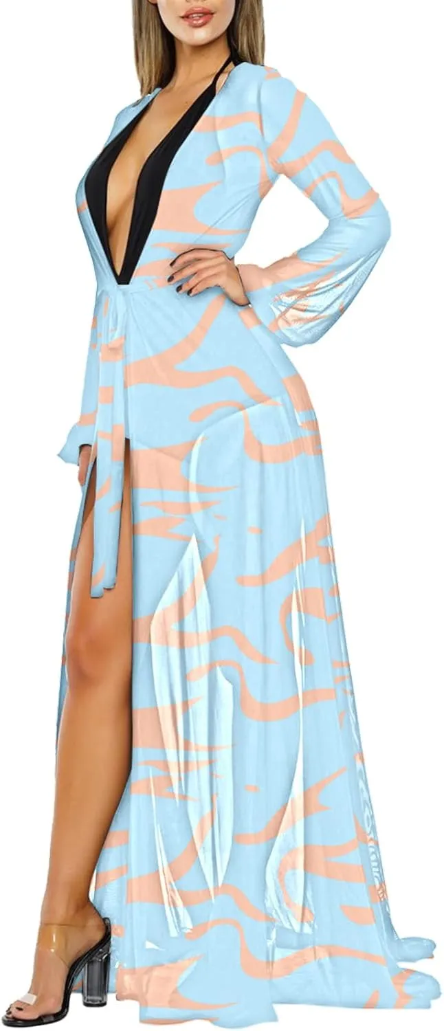 Women's Sexy Thin Mesh Long Sleeve Tie Front Swimsuit Swim Beach Maxi Cover Up Dress