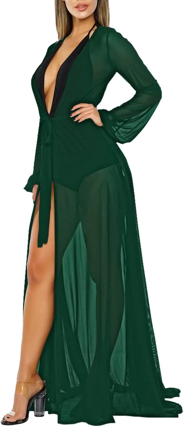 Women's Sexy Thin Mesh Long Sleeve Tie Front Swimsuit Swim Beach Maxi Cover Up Dress