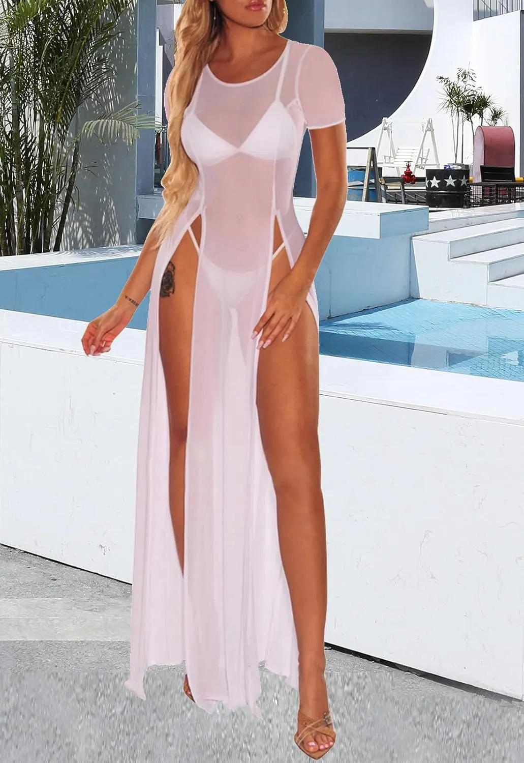 Women's Swimsuit Beach Bikini Cover up Sheer Mesh Dress Sexy See Through Mesh Tops Beachwear
