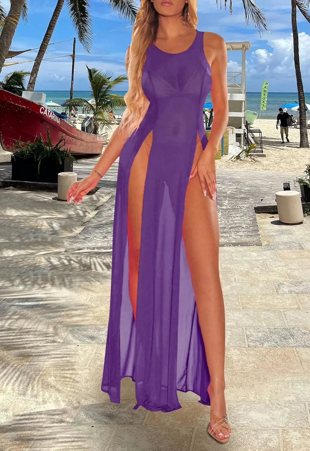 Women's Swimsuit Beach Bikini Cover up Sheer Mesh Dress Sexy See Through Mesh Tops Beachwear