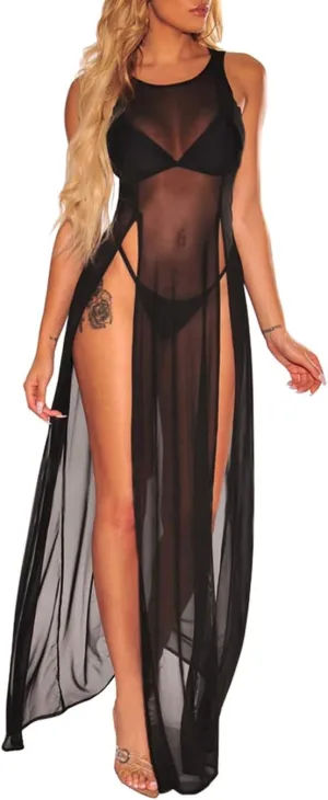 Women's Swimsuit Beach Bikini Cover up Sheer Mesh Dress Sexy See Through Mesh Tops Beachwear