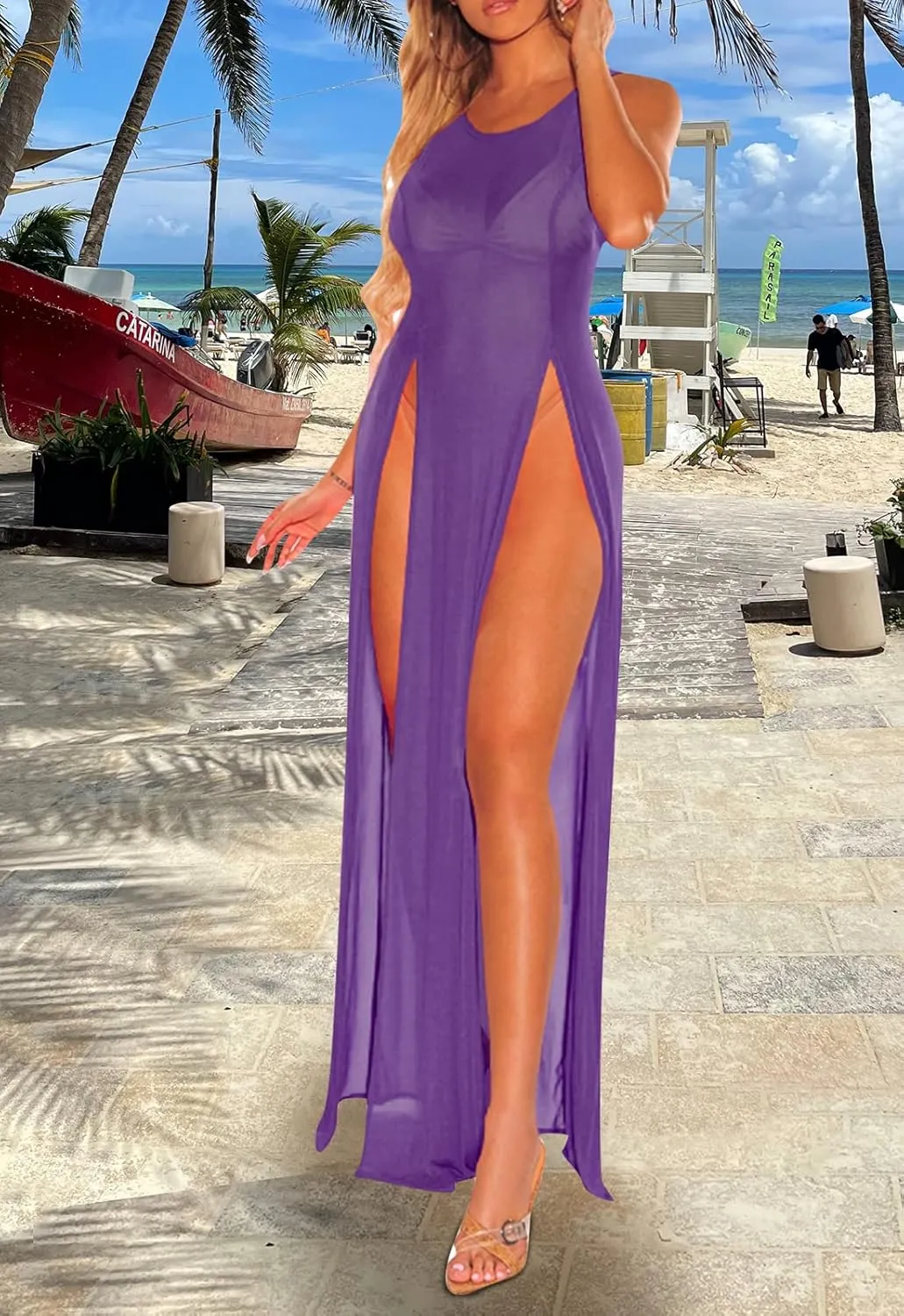 Women's Swimsuit Beach Bikini Cover up Sheer Mesh Dress Sexy See Through Mesh Tops Beachwear